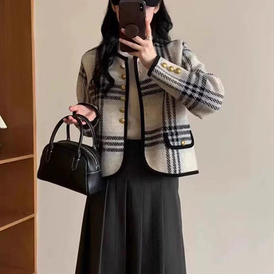Chic Women's Blazer with Check Print and Button Accents