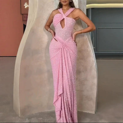 Chic V-Neck Women's Dress with Glittering Details