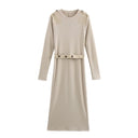Chic Women's Long Sleeve Dress with Belt and Shoulder Accents