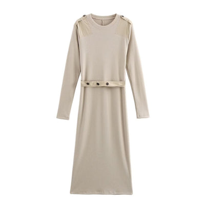 Chic Women's Long Sleeve Dress with Belt and Shoulder Accents