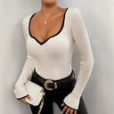 V-Neck Women's Long Sleeve Ribbed Bodysuit