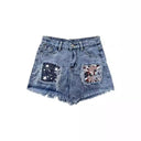 Embroidered Denim Shorts for Women with Frayed Hem