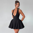 Chic Women's Deep V-Neck Short Dress with Flared Skirt