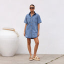 Chic Women's Denim Shirt Dress with Pockets
