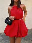 Chic Halter Mini Dress with Flared Skirt and Elastic Waist