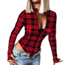 Chic Women's Long Sleeve Zipper Bodysuit with Check Design