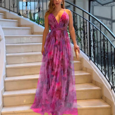 Chic Maxi Dress with Deep V-Neck and Flowing Layers