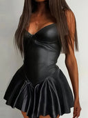 Chic Faux Leather Dress with Flowy Skirt