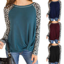 Chic Women's Long Sleeve Blouse with Leopard Print Sleeves and Knot Accent