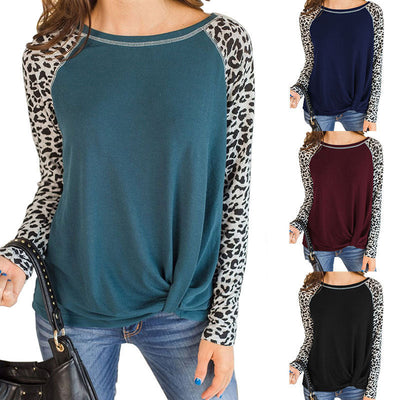 Chic Women's Long Sleeve Blouse with Leopard Print Sleeves and Knot Accent