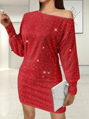 Chic Mini Dress with Asymmetrical Neckline & Balloon Sleeves