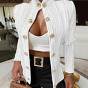 Chic Knit Blazer with Gold Buttons and Stand-Up Collar