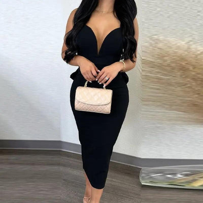 Chic Women's Midi Dress with Deep V-Neck and Peplum Hem