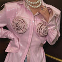 Chic Women's Blouse with 3D Rose Appliqués and Glitter Accents