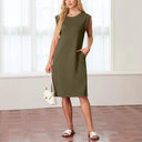 Chic Midi Dress with Side Slits and Round Neck