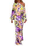 Stylish Off-Shoulder Tie-Dye Maxi Dress with Voluminous Sleeves
