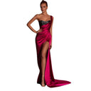Glamorous Evening Dress with Shimmering Top and High Slit