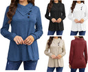 Women's Long Sleeve Blouse with Asymmetrical Collar & Button Trim