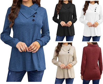 Women's Long Sleeve Blouse with Asymmetrical Collar & Button Trim