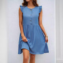 Ruffled Shoulder Women's Dress with Button Placket