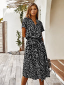 Modern Dots Short Sleeve Dress with Waist Tie