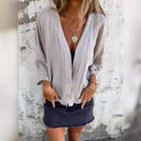 Women's Deep V-Neck Blouse with Button Accents