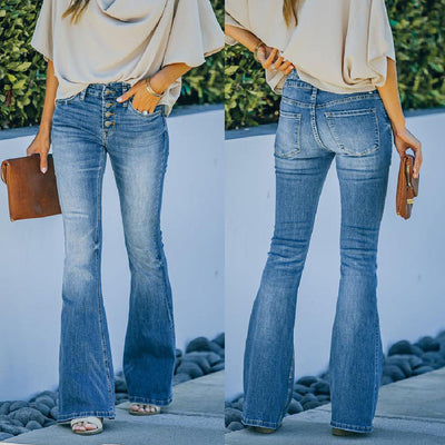 Chic High-Waist Flared Jeans with Stylish Buttons