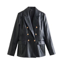 Women's Faux Leather Blazer Jacket with Chic Double-Breasted Design
