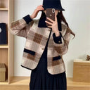 Checked Blazer Jacket for Women with Removable Pockets & Button Accents