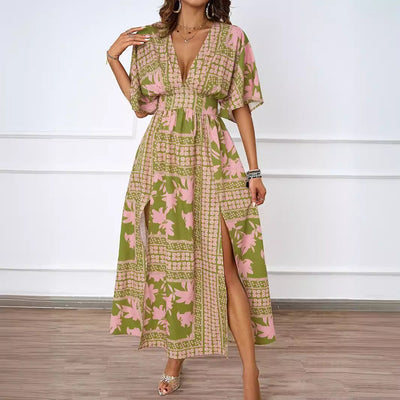 Chic Women's V-Neck Maxi Dress with Statement Sleeves
