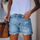 High Waist Cuffed Hem Destroyed Denim Shorts for Women