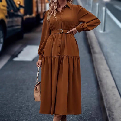 Chic Women's Dress with Fitted Belt & Button Detail