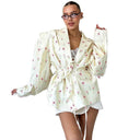 Floral Design Women's Blazer Jacket with Waist Belt