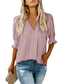Chic V-Neck Blouse with Ruffled Sleeves and Pleats