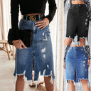 Trendy Women's Frayed Hem Denim Skirt