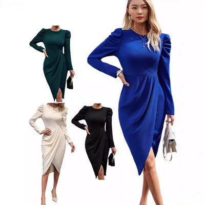 Chic Wrap Dress with Puff Sleeves and Asymmetric Hem