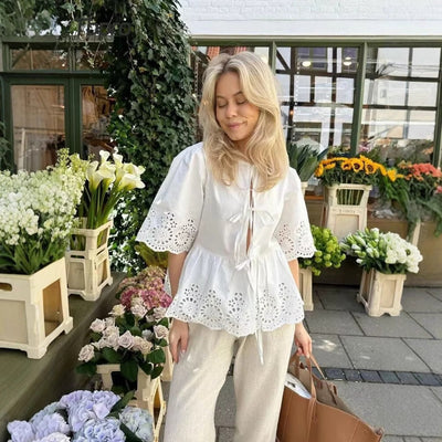 Floral Lace Trim Ruffle Women's Blouse