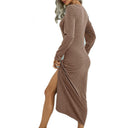 Chic Long Sleeve Midi Dress with Slit and Ruffles