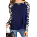 Chic Women's Long Sleeve Blouse with Leopard Print Sleeves and Knot Accent