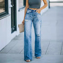 Trendy Women's High-Waisted Distressed Jeans - Chic Relaxed Fit
