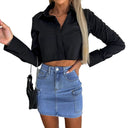 Chic Women's Cropped Blouse with Stylish Collar and Handy Pockets