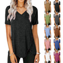 Stylish Women's V-Neck Tee with Asymmetrical Hem & Button Accents