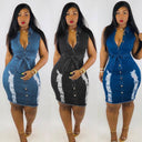 Stylish Denim Dress with Button Placket and Belt for Women
