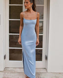 Chic Satin Maxi Dress with Off-Shoulder Straps and Side Slit