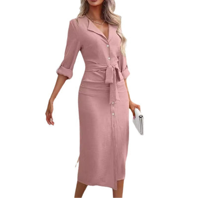 Chic Women's Knee-Length Shirt Dress with Waist Belt
