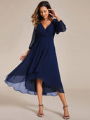 Women's Asymmetrical Hem Wrap Dress with Sheer Sleeves