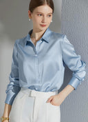 Chic Satin Blouse with Stylish Collar and Flowing Sleeves