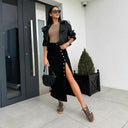 Chic Long Denim Skirt with Side Slit and Button Accents