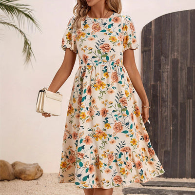 Women's Floral Midi Dress with Ruffled Hem Design