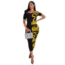 Chic Off-Shoulder Midi Dress with Eye-Catching Graphic Print
